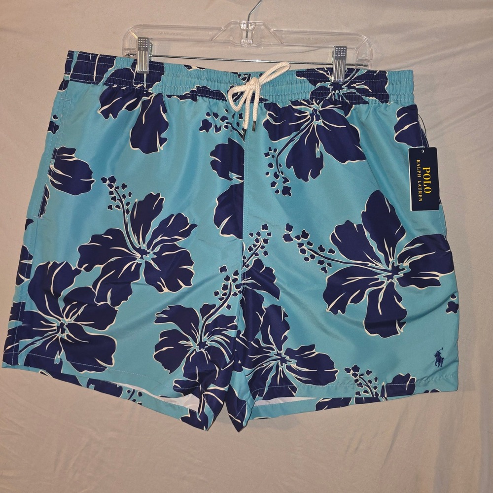 Polo Ralph Lauren Swim Trunks 1XB Men Blue Hibiscus Floral Drawstring Shorts